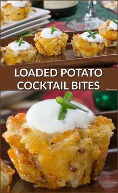 some food that is on top of a wooden tray and in front of the words loaded potato cocktail bites