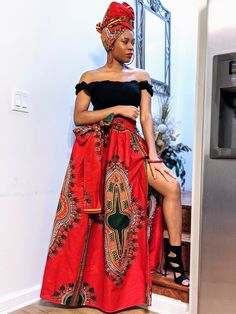 Red Dashiki African Print High Slit Skirt -Special Occasions Caribbean Dress, Dashiki Skirt, Plus Size Baddie Outfits, African Skirts, High Low Skirt, Bohemian Look, African Wear, Head Wrap, Ethnic Fashion