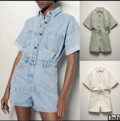 Fisdy - Denim Short Jumpsuit Light Wash Summer Overalls For Workwear, Trendy Cotton Overalls With Short Sleeves, Trendy Relaxed Fit Short Sleeve Overalls, Casual Overalls With Button Closure And Short Sleeves, Light Wash Short Sleeve Jumpsuits And Rompers With Pockets, Casual Short Sleeve Overalls With Button Closure, Casual Overalls With Button Closure, Summer Denim Jumpsuit With Button Closure And Short Sleeve, Spring Denim Jumpsuit With Short Sleeves And Pockets