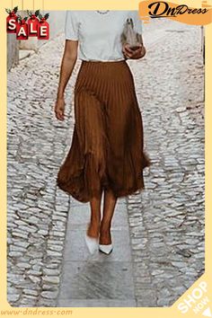 High Waist Pleated Skirt Casual Brown Maxi Skirt For Fall, Chic Fall Maxi Skirt, Casual Solid Color Winter Pleated Skirt, Casual Brown Solid Color Skirt, Chic Summer Skirt With Pleated Hem, High Waist Pleated Skirt For Fall, High-waist Stretch Pleated Skirt For Fall, High Waist Stretch Pleated Skirt For Fall, Summer Pleated Long Skirt