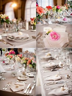 the table is set for an outdoor wedding reception with flowers and candles in vases