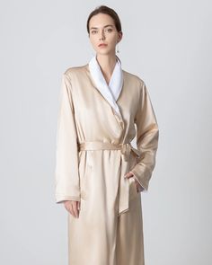 Daisysilk’s pajamas/loungewear/robe will make lazy Sunday mornings a little bit more luxurious. Cut from pure mulberry silk, this two-piece has a camp collar and one patch pocket traced with traditional piping, and two side pockets for your essentials. The relaxed fit and elasticated waistband ensure the trousers won't feel restrictive when you're sleeping. One Piece Silk Women Robe• Notched lapel collar• Long sleeves robe• One side soft silk fabric, one side warm crystal velvet• 2 Front pockets Elegant Cream Sleepwear For Home, Luxury Long Sleeve Robe For Loungewear, Elegant Shawl Collar Robe For Loungewear, Elegant Long Sleeve Silk Robe, Long Sleeve Silk Robe, Elegant Silk Sleepwear For Relaxation, Long Sleeve Silk Robe For Home, Elegant Shawl Collar Loungewear Robe, Cream Silk Sleepwear