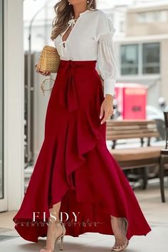 Fisdy - Elegante maxivestido de encaje floral de talle alto con cinturón y exquisito dobladillo irregular Ruffle Long Skirt, Womens Skirt Outfits, Maxi Skirts Summer, Fishtail Maxi Dress, Irregular Skirt, Long Skirt Fashion, High Waist Long Skirt, Skirt Wrap, Dress Asymmetrical