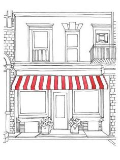 a drawing of a storefront with red and white awnings on the front