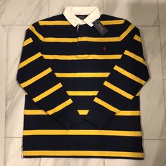 Men’s Polo Ralph Lauren Rugby Polo Shirt Price Is Firm At $110. Color: Navy Blue/Yellow Condition: 10/10 New W Tags Classic Fitted Yellow Polo Shirt, Fitted Yellow Classic Polo Shirt, Yellow Long Sleeve Cotton Polo Shirt, Polo Shirt Aesthetic, Bd Gifts, Ralph Lauren Shirts Men, Polo Shirt Outfit Men, Mens Rugby Shirts, Rugby Vintage