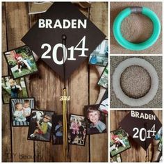 graduation cap with pictures on it next to other photos and items that include the graduate's name