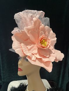 Ready to ship today from Tennessee, USA,  I ship quickly and package safely in boxes. See more beautiful choices at my Etsy Shop at https://www.etsy.com/shop/equineelan    This lightweight and gorgeous hat is a "fascinator hat" that attaches to your head with elastic. The FLOWER is pale, pastel pink. The Tulle Ribbon is pastel Pink.  The Flower measures a full 12" x 12". The hat is larger with bow and Accent flowers.       This hat attaches with an elastic band that goes behind your ears and und Pink Peach Wedding, Flower Tea Party, Blush Pink Fascinator, Autumn Hat, Accent Flowers, Tulle Ribbon, Pink Fascinator, Tulle Bow, Flower Fascinator