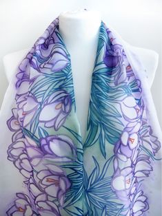 Crocus scarf is a hand painted silk accessory in purple and violet colors for Mother's Day or fourth anniversary gift. Size: 49 by 11 inches Silk: pure silk Habotai Light, semi transparent and a bit glossyThe pattern is visible equally on both sides, it is semi translucent and a bit glossy. Made to order in 3 days! I can gift-wrap it for you, add a personalized note or a gift box. To every of my scarfs I am attaching a card with my name, date of painting and scarf name and the second card with c Purple Scarves For Wedding, Handmade Purple Scarves As Gifts, Handmade Purple Scarves For Gifts, Purple Silk Scarf As A Gift, Purple Silk Scarf For Gift, Artistic Purple Silk Scarves, Artistic Purple Silk Scarf, Artistic Purple Silk Scarf Gift, Elegant Purple Scarf For Gift