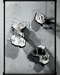 three drawings of shoes are shown in black and white, with the shadow of them being cast