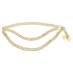 This gold-plated Chanel belt is the perfect addition to any look. Simple, yet classic and glamorous, this style features polished gold-plated metal, a chunky chain-link construction, and is adorned with two charms. The hook fastening is easy and simple to link for an effortless touch. Luxury Gold-tone Metal Chain Belt, Gold Chain Link Jewelry With Gold-tone Hardware, Gold Metal Chain Belt For Gift, Gold Metal Chain Belt As A Gift, Elegant Formal Double Chain Belt, Luxury Gold Metal Chain Belt, Elegant Yellow Gold Chain Belt For Formal Occasions, Formal Yellow Gold Chain Belt, Classic Gold-tone Jewelry With Chain Strap