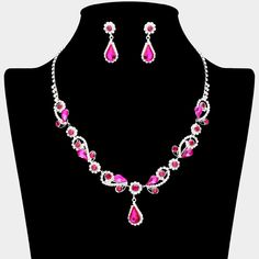 Fuchsia Teardrop and Rhinestone Floral Pageant Necklace Set | Special Event Jewelry Pink Jewelry Sets For Valentine's Day Party, Elegant Jeweled Pink Jewelry Sets, Elegant Pink Rhinestone Jewelry Set, Elegant Pink Jeweled Jewelry Set, Pink Jeweled Jewelry Sets For Party, Pink Rhinestone Jewelry Set For Party, Elegant Pink Rhinestone Formal Necklace, Teardrop Pink Rhinestone Jewelry, Pink Teardrop Rhinestone Jewelry