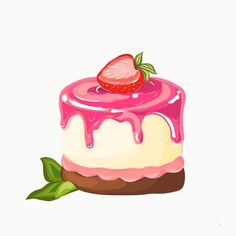 a cake with pink icing and a strawberry on top