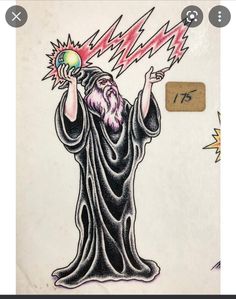 a drawing of an old man with lightning coming out of his head and holding a ball in one hand