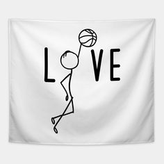 a black and white drawing of a person playing basketball with the word love on it