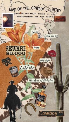 a collage of various items including a cactus, cowboy hat and map