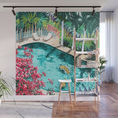 a wall mural depicting a tropical pool and bridge