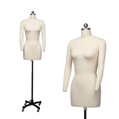 two mannequins are standing next to each other on a black stand and one is wearing a white dress