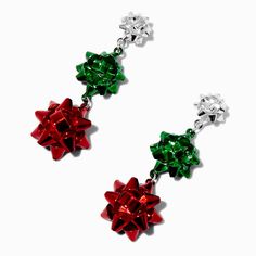 Look like a gift wrapped under the tree in these sensational linear drops. The silver-tone designs are stacked with three bows in silver-tone, red, and green. Finish: Silver-tone Closure: Post backMaterial: Plastic - Claire's Holiday Gift Bow Drop Earrings Piercing Kit, Gift Bow, Us Holidays, Under The Tree, Fashionable Jewelry, Gift Bows, Winter Aesthetic, Jewelry And Accessories, Holiday Treats