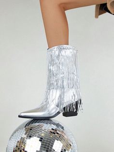 Plateado  Collar     Embellished Glitter Cowboy Outfit, Western Boots Women, Womens Mid Calf Boots, Chunky Block Heels, Sparkles Glitter, Mid Calf Boots, Mid Calf, Western Boots, Cowboy Boots