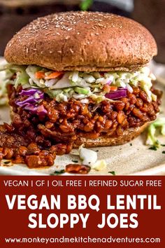 vegan bbq lentil sloppy joes on a plate with text overlay