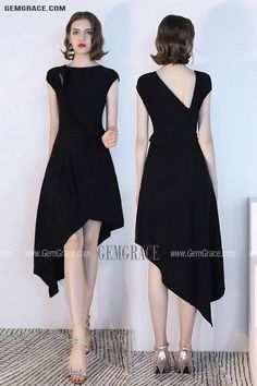 Black Asymmetrical Short Black Party Dress With Cap Sleeves Short Black Party Dress, Dresses Semi Formal, Homecoming Dresses Short Black, Black Party Dresses Short, Black Homecoming Dresses, Floral Homecoming Dresses, Black Prom Dress Short, Backless Homecoming Dresses, Simple Homecoming Dresses