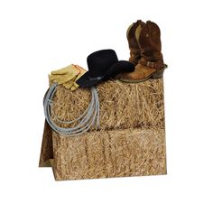 a cowboy hat, boots and rope sitting on top of a bale of hay