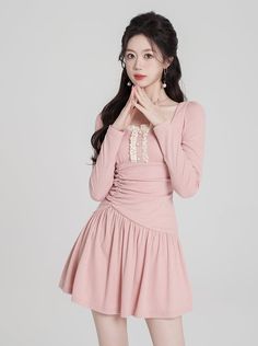 ❤Lace Pleats Sweet Baby Pink Dress❤︎ Sweet Long Sleeve Mini Dress, Sweet Ruffle Dress For Brunch, Sweet Ruffled Dress For Brunch, Sweet Long Sleeve Spring Dress, Sweet Long Sleeve Mini Dress For Spring, Sweet Square Neck Fitted Dress, Cute Mini Dresses With Lace Trim, Fitted Square Neck Sweet Dress, Sweet Fitted Dress With Square Neck