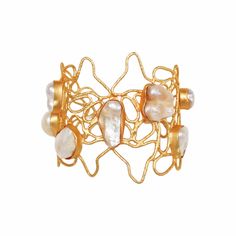 Make a bold statement with our unique Baroque Pearl Cuff Bracelet. Expertly made with a keen eye for design, this bracelet is perfect for the woman who loves unique and bold jewelry. Hand made by artisans in India from 22k gold plated brass and featuring natural baroque pearls, this cuff bracelet is a true masterpiece. With an intricate design, this bracelet is both visually striking and contemporary, making it the perfect choice for the woman who loves to make a statement. The baroque pearls ar Unique Gold Cuff Bracelet, Handmade Pearl Bangle Bracelet For Formal Occasions, Artisan Gold Cuff Bracelet For Gift, Gold Fusion Style Cuff Bracelet As Gift, Elegant Bracelets With Unique Design As Gift, Elegant Bracelets With Unique Design For Gift, Unique Yellow Gold Cuff Bracelet For Gift, Artisan Gold Cuff Bangle Bracelet, Artisan Gold Bangle Cuff Bracelet