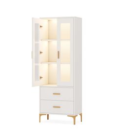 a white cabinet with glass doors and drawers on the bottom, in front of a white background