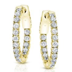 These 14k Gold Diamond Hoop Earrings feature 34 brilliant round-cut natural diamonds forming a hoop and dazzle from the inside out bolstering impressive brilliance and fire. These earrings are crafted in a high polished 14k Yellow Gold securely fasten with clip in clasps. Make the perfect gift for any occasion, or simply as a gift for yourself. Small Diamond Hoop Earrings, Black Diamond Pendant, Black Diamond Studs, Gold Diamond Hoop Earrings, Halo Diamond Earrings, Solitaire Diamond Pendant, Colored Diamond Rings, Halo Earrings, Black Diamond Ring