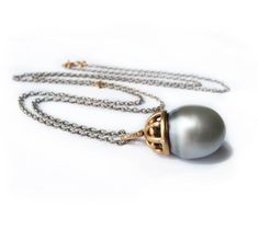 Large light grey Tahitian pearl, measuring 17 mm, set in 18 karat rose gold, with 7 brilliant cut diamonds weighing 0.10 carats total weight. The pendant hangs from a 34" blackened silver chain, with 18 karat rose gold clasp and details. I would love to make you this special necklace! As I am a one- person business, pl Grey Pearl Necklace, Sideways Initial Necklace, Tahitian Pearl Necklace, Good Luck Necklace, Pearl Necklace Vintage, Diamond Evil Eye, Shiny Objects, Special Necklace, Cultured Pearl Necklace