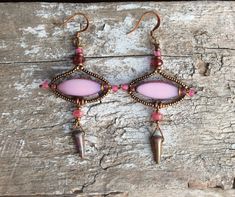 Vintage Pink Jewelry For Festivals, Handmade Pink Czech Glass Jewelry, Whimsical Pink Nickel-free Earrings, Whimsical Nickel-free Pink Earrings, Pink Wire Wrapped Earrings For Party, Pink Wire Wrapped Teardrop Earrings, Pink Chandelier Earrings For Gift, Pink Teardrop Chandelier Earrings For Gift, Party Pink Wire Wrapped Earrings