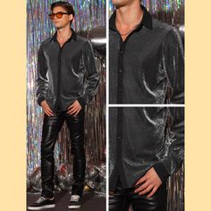 Shining texture fabric creates a sparkling and reflective surface, adding a touch of glamour to your outfit. The shirts can ce styled with jeans, punk pants for a versatile and trendy outfit. Sparkle dress shirts can be worn for casual outings, parties, or even as part of a performance costume. Great gift for your friend, boyfriend, and your father. Fitted Disco Shirt For Party, Fitted Disco Style Party Shirt, Black Collared Shirt For Party, Elegant Festive Party Shirt, Fitted Disco Party Shirt, Long Sleeve Party Shirt, Long Sleeve Party Shirt For Party Season, Collared Shirt For Fall Party, Winter Party Slim Fit Tops