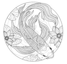 a koi fish with leaves and flowers in a round frame coloring book page for adults