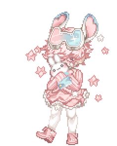 a cross stitch pattern of a pink bunny holding a blue ball and wearing sunglasses, with stars in the background