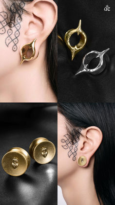 An image subdivided into four images featuring plugs and tunnels for stretched ears from Ask & Embla. Plug Earrings Gauges, Teardrop Plugs, Dope Jewelry Accessories, Stone Plugs, Face Jewellery, Alternative Jewelry, Septum Jewelry, Tunnels And Plugs, Plugs Earrings