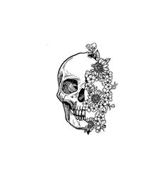 a black and white drawing of a skull with flowers