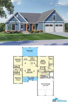 a blue house with two garages and an open floor plan