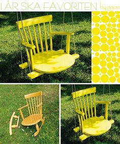 four different pictures of yellow rocking chairs in the grass and one has a swing set attached to it