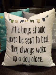 two pillows that are sitting on top of a couch with the words, little boys should never be sent to bed they always wake up a day older