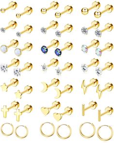 PRICES MAY VARY. Earring Sets for Multiple Piercing: Earring pack for women includes 21 pairs gold earrings. There are cz, ball, fake opal, heart, cross, bar, moon, star, lightning bolt gold stud earrings and gold hoop earrings, so many cute earrings to choose from and match for multiple piercings. Small Earrings: 20g small stud earrings, 6mm wearable earring post length, 4mm flat back. 18g small hoop earrings, 8mm/10mm/12mm hoop earrings inner diameter, little stud and hoop earrings are light w Earrings Cartilage, Earrings Sets, Bone Earrings, Flat Back Earrings, Body Jewelry Piercing, Small Hoop Earrings, Helix Earrings, Hoop Earring Sets