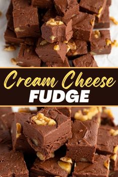 a pile of fudge brownies with nuts on top and the words cream cheese fudge above it