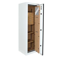 an open white cabinet with drawers on both sides