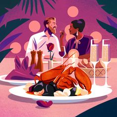 two people sitting at a table with lobsters and wine