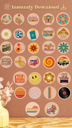 an assortment of stickers on a brown background