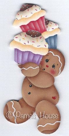 a teddy bear sitting next to three cupcakes on top of each other in front of a white background