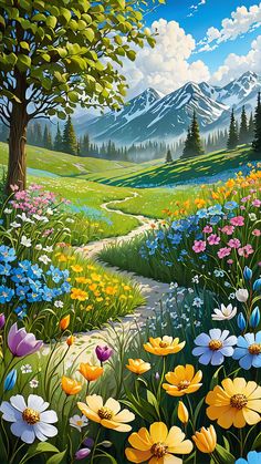 a painting of flowers in the grass and trees with mountains in the backgroud