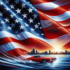 Diamond painting of a classic car cruise featuring a vintage car with an American flag American Flag Diy, Flag Diy, Flag Wallpaper, Products Photography, Art Creativity, Open Sky, America Flag, Random Ideas, Diy Diamond Painting