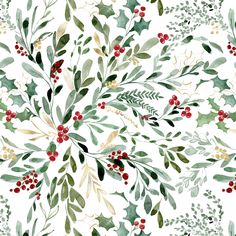 a watercolor christmas pattern with holly and berries