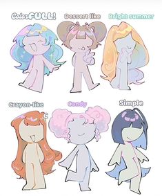 four different types of ponies are shown in this drawing style, and each has their own name on it